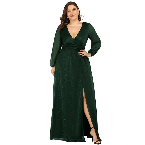 Ever-Pretty US Plus Size Long-Sleeve Dresses V-Neck Glitter Formal Evening Gowns 